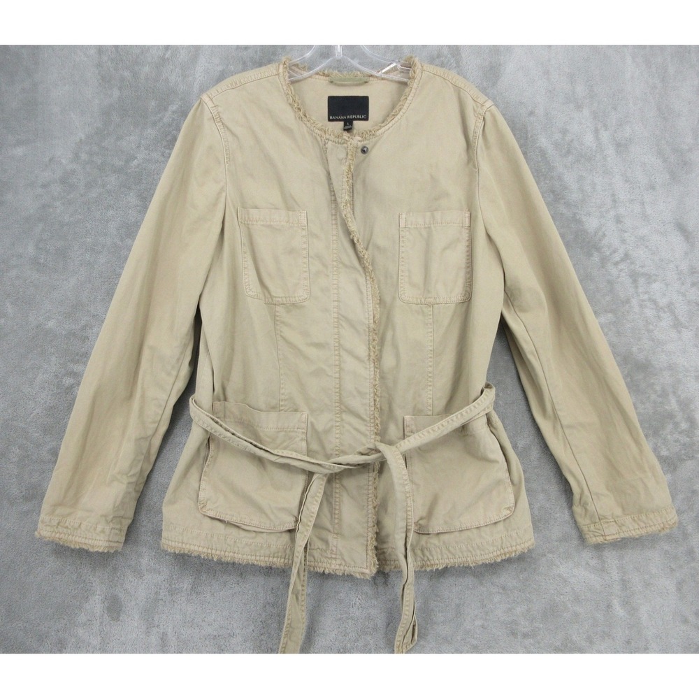 Banana Republic Jacket Womens Size L Utility Belted Pockets Khaki Safari Zip Tan